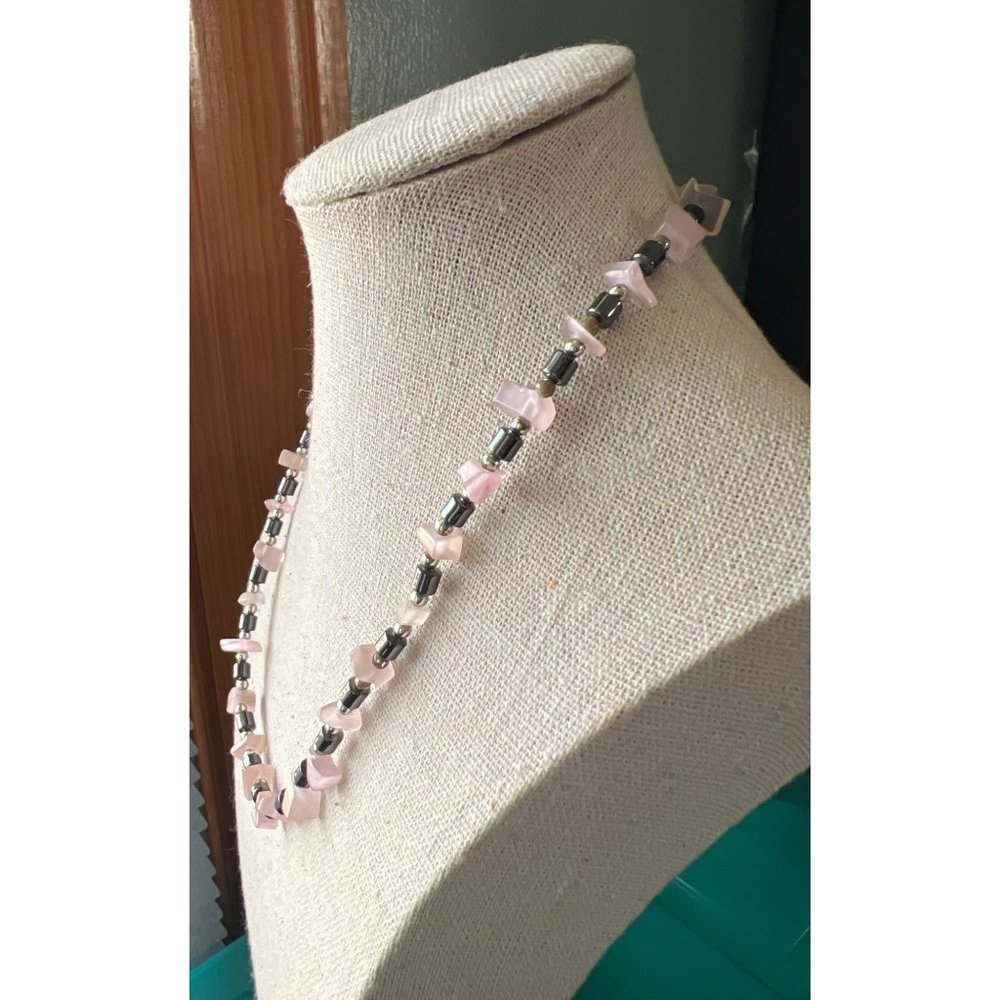 Pink Quartz and Hematite Genuine Necklace -- 16" - Picture 7 of 8